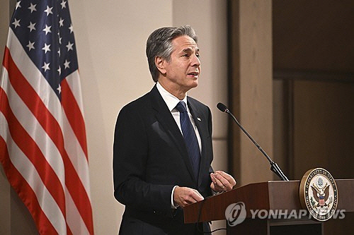 요르단서 기자회견하는 블링컨. [요르단=AP 연합뉴스]